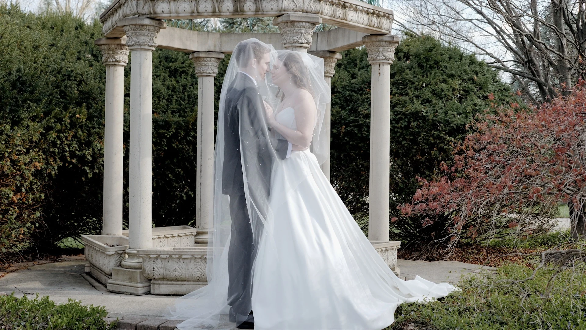 Bride and groom first look outside the Manor House Event Center